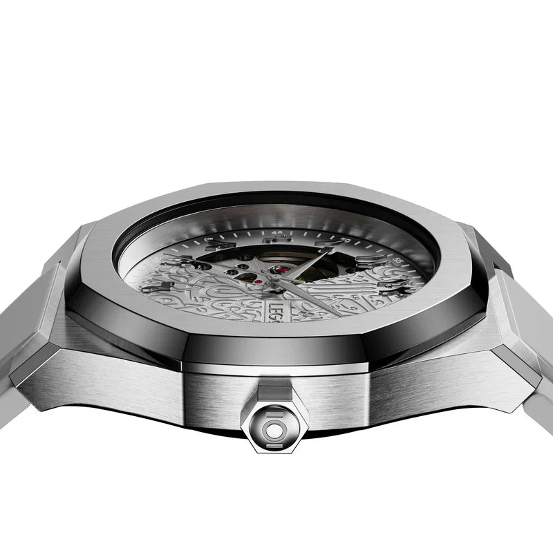 Automatic men’s watch side view showing white case thickness and crown