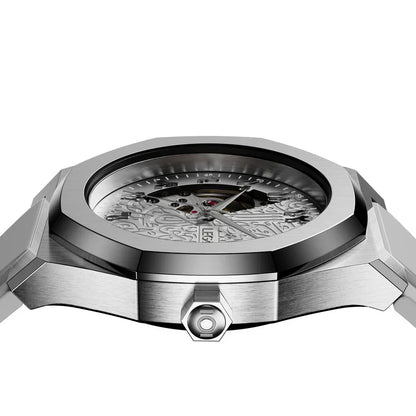 Automatic men’s watch side view showing white case thickness and crown