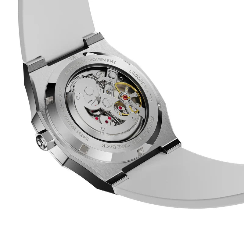 Men’s Arabic dial automatic watch white silicone strap and clasp detail