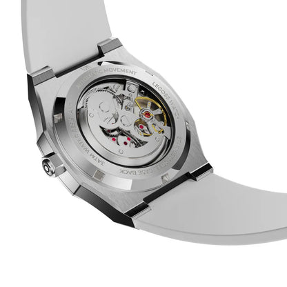 Men’s Arabic dial automatic watch white silicone strap and clasp detail