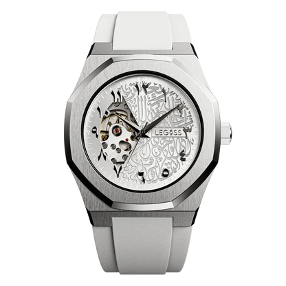 Men’s Arabic dial automatic watch with white case and Arabic numerals