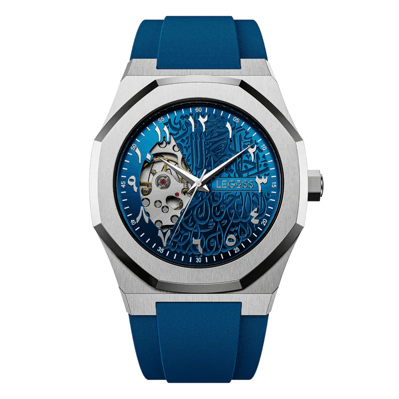Front view of a men’s automatic watch with a blue Arabic dial and skeleton numerals