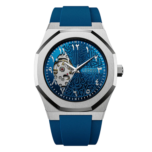 Front view of a men’s automatic watch with a blue Arabic dial and skeleton numerals