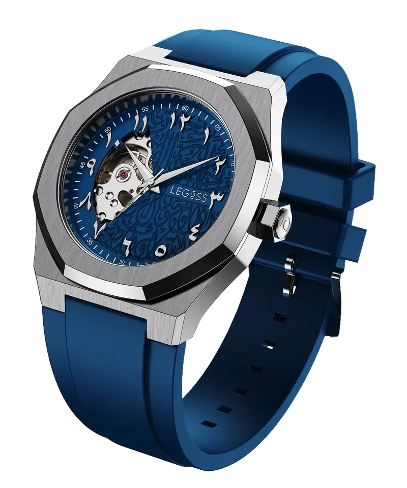 Side view of men’s Arabic dial automatic watch with blue dial showing the full profile and case design